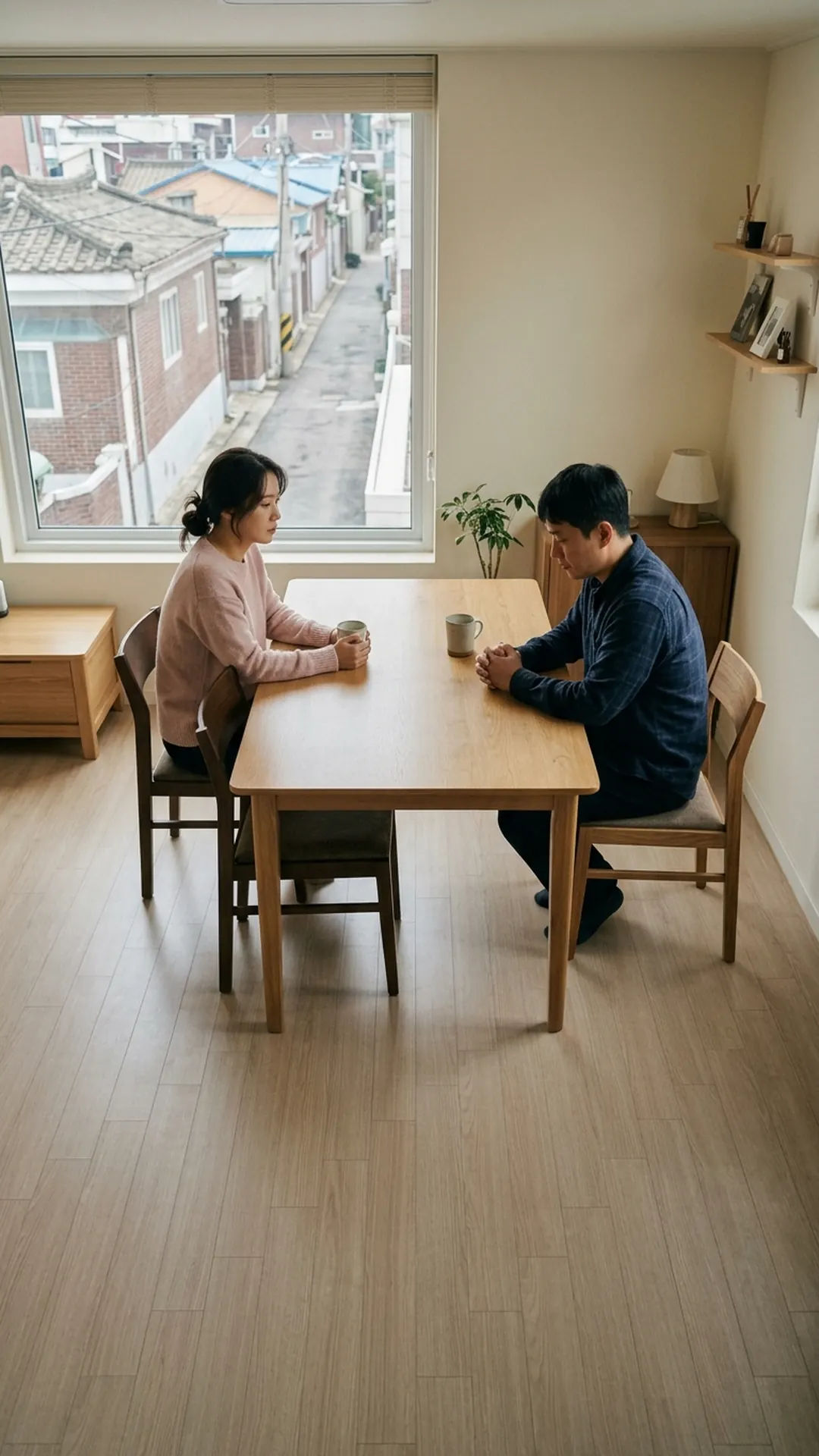 거실 식탁에 마주 앉아 이야기를 나누는 부부 — 연출 이미지