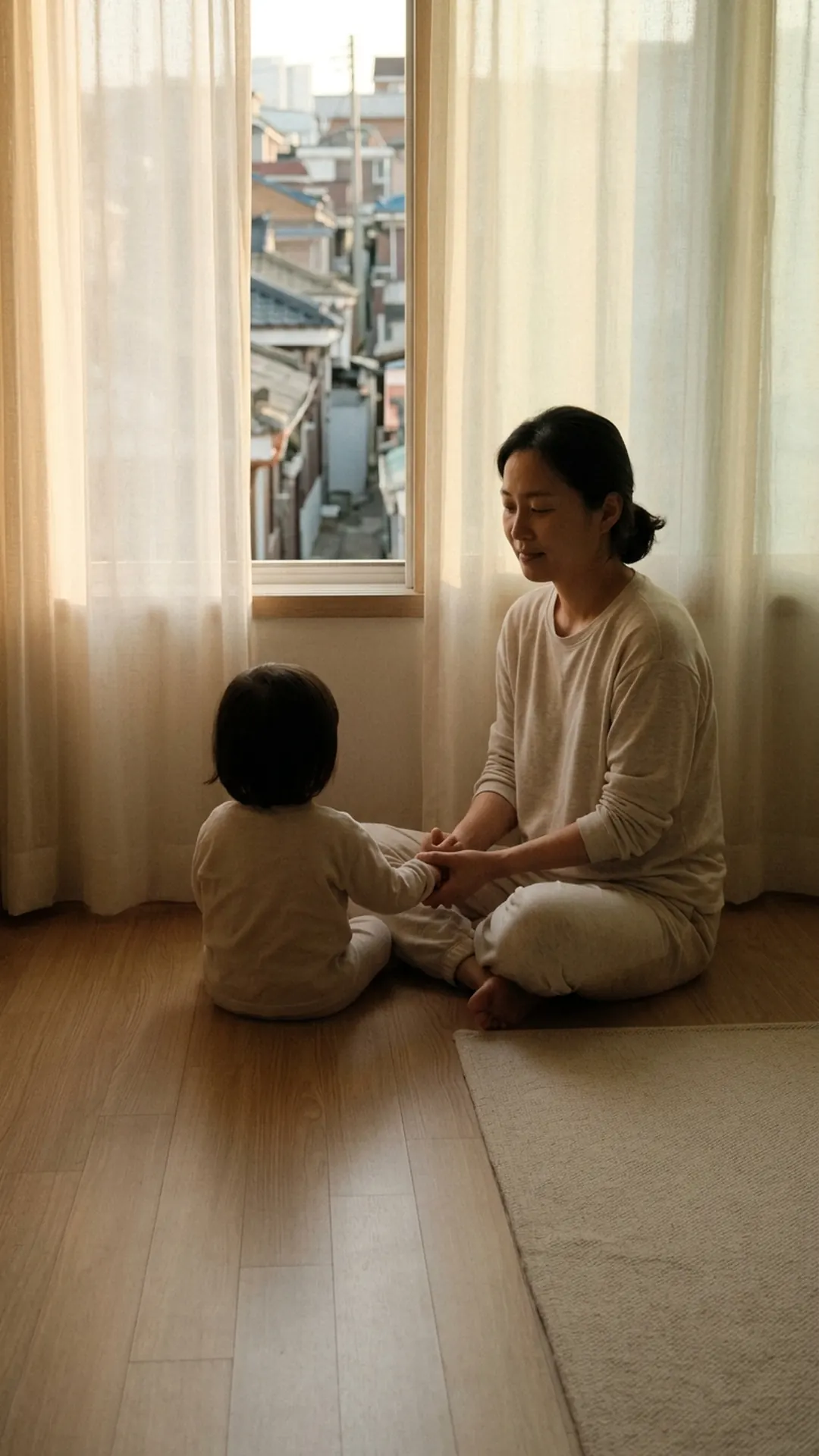 거실 바닥에서 아이와 마주 앉아 대화하는 부모 — 연출 이미지