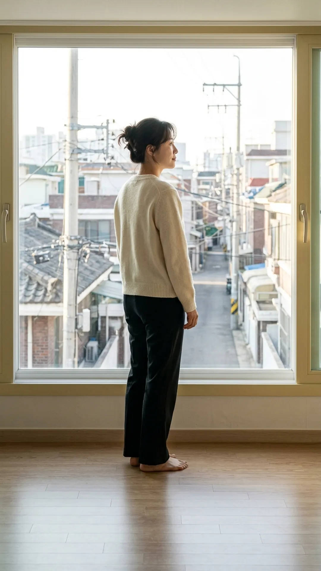 창가에 서서 생각에 잠긴 여성 — 연출 이미지